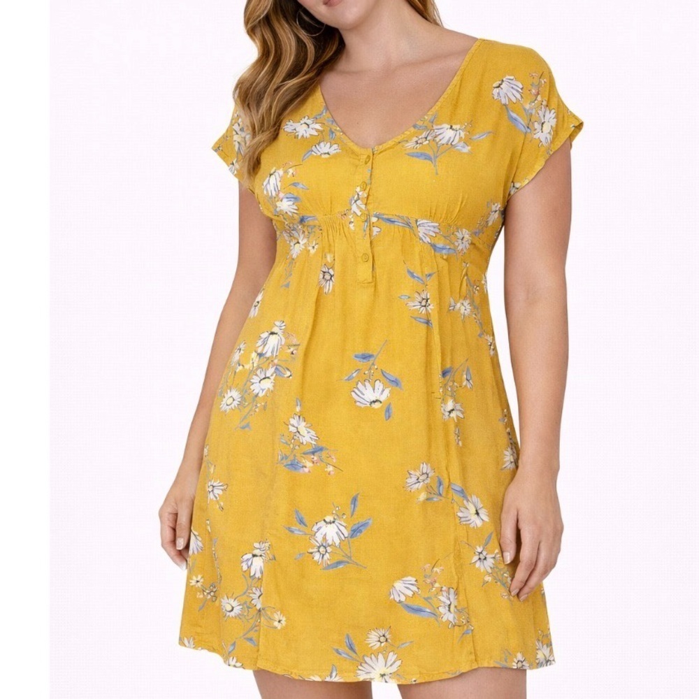 Clockhouse dress mustard yellow mini floral print cap sleeve sun summer SZ M